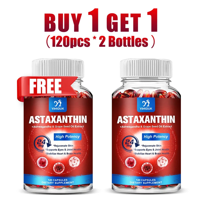 Yimiduk Astaxanthin 24mg – Grape Seed Oil & Ashwagandha, 120ct Antioxidant Supplement Qst 120pcs-2 Bottles