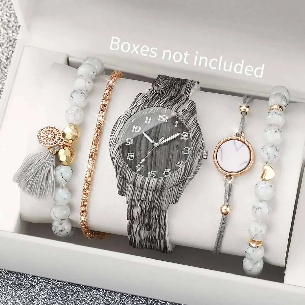 Women's Wooden Pattern Quartz Watch – Casual Fashion Timepiece Women's Quartz Watch Qme 5PCS Set Without Box