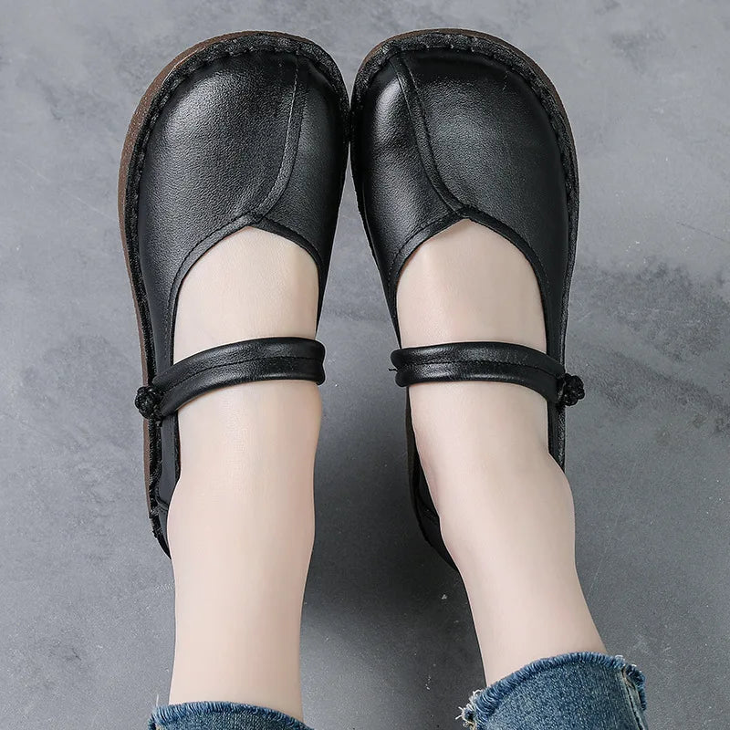 Women's Wide Toe Genuine Leather Strappy Flat Shoes | Mary Jane Leather Flat Shoes Qst