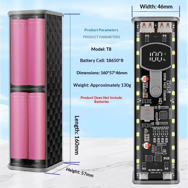 PD 45W DIY Power Bank Case 8-Slot 18650 Battery Shell DIY Power Bank Case Qme