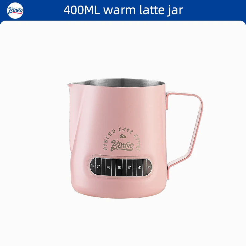 Bincoo Round Spout Milk Pitcher with Temp Display | Latte Art Jug Milk Frothing Pitcher Qst Pink 400ml