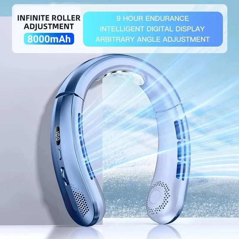 Portable Neck Fan 8000mAh Bladeless USB Rechargeable LED Display Wearable Neck Fan Qst blue USB Type-C