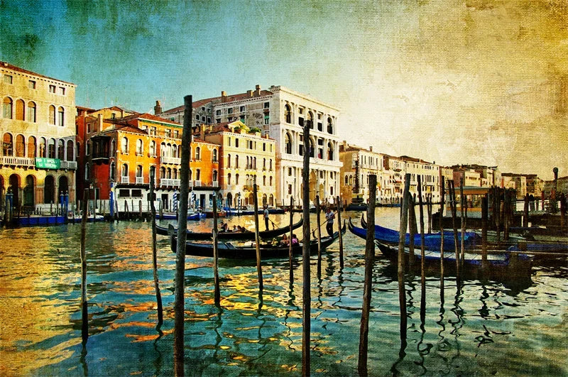 Retro Nostalgic Town Canvas Poster | Flowers Boats Bicycles Canvas Wall Art Qst