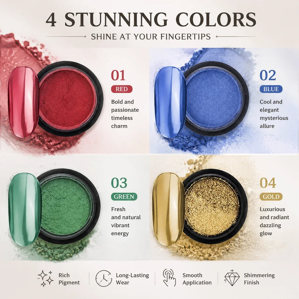 4-Color Metallic Mirror Nail Powder – DIY Chrome Nail Art Set Mirror Nail Powder Qme