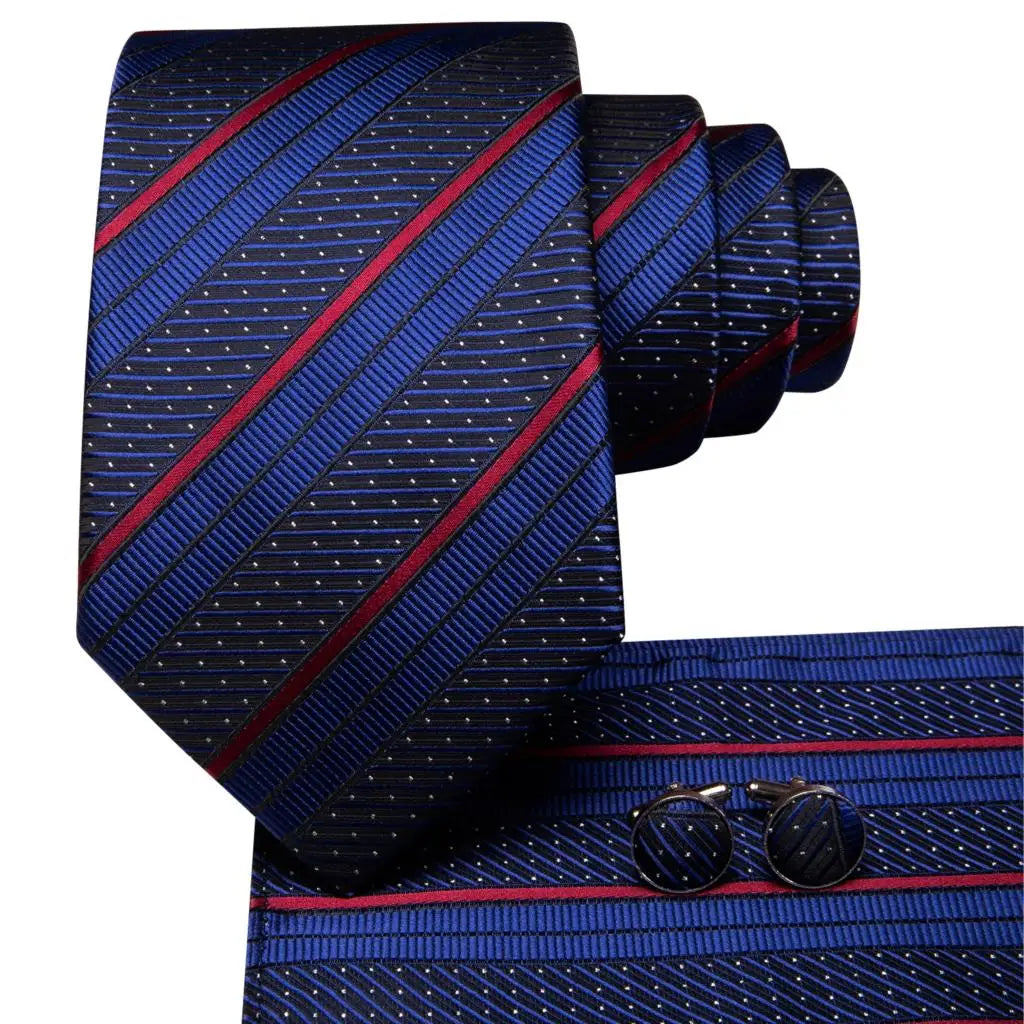 Hi-Tie Navy Blue Striped Necktie Handkerchief & Cufflinks Set Necktie Gift Set Qme
