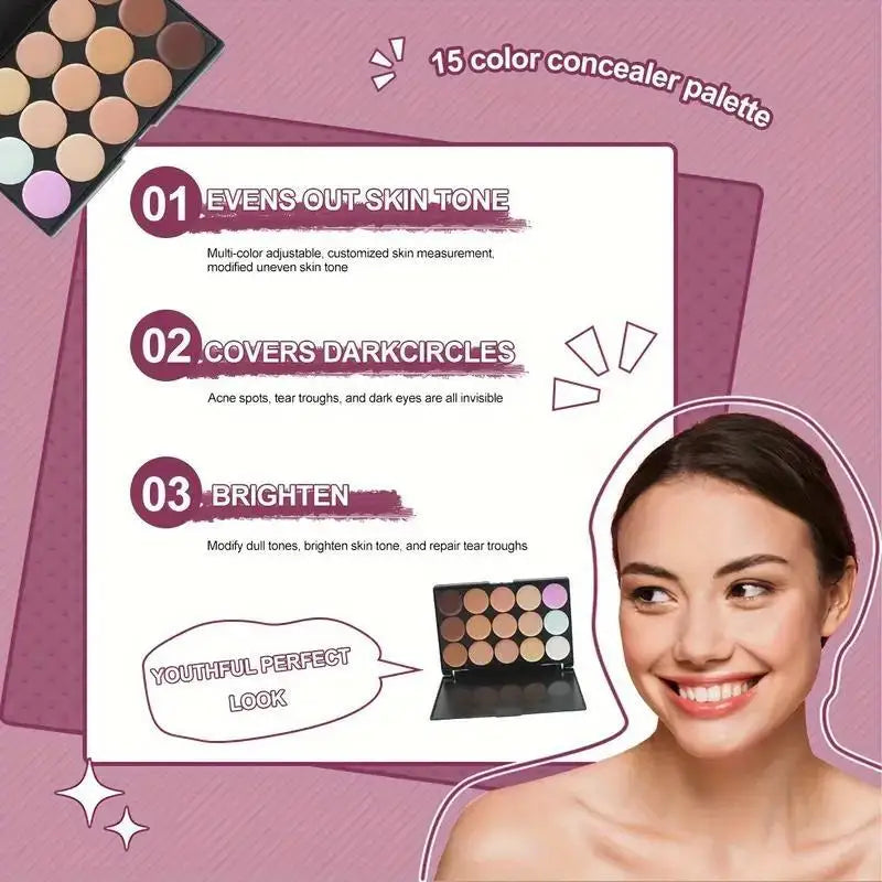 15-Color Concealer Palette & 11Pc Bamboo Brush Set | Qme Makeup Brush & Palette Set Qme