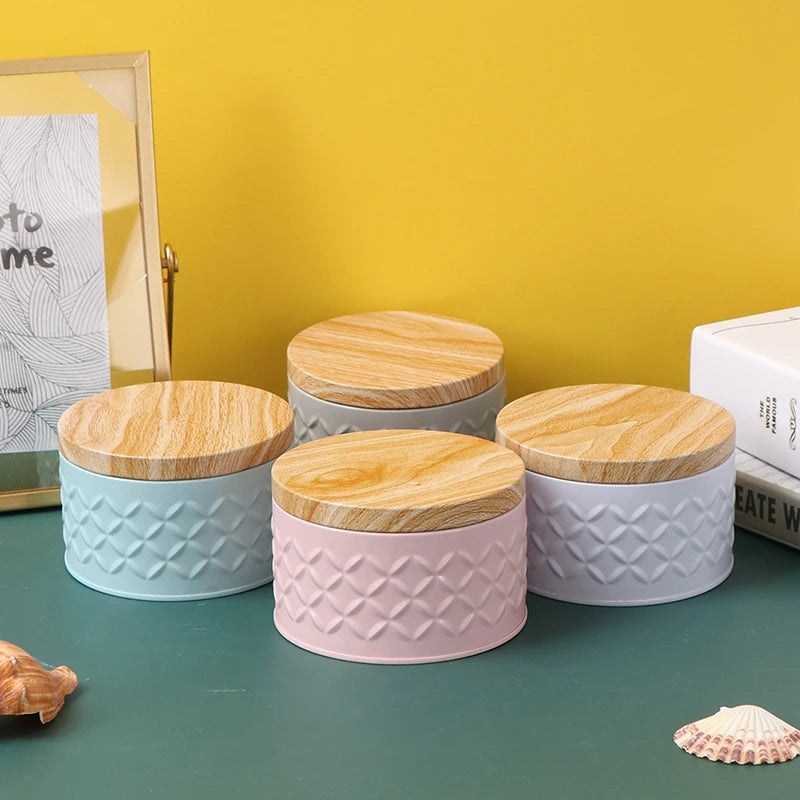 Round Iron Tin Box Wood Grain Lid – Candle Jar & Storage Decorative Storage Tin Qst
