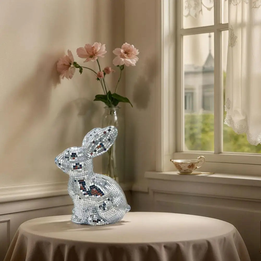 Mirror Disco Ball Bunny Figurine | Easter Rabbit Desk Ornament Decorative Figurine Qme