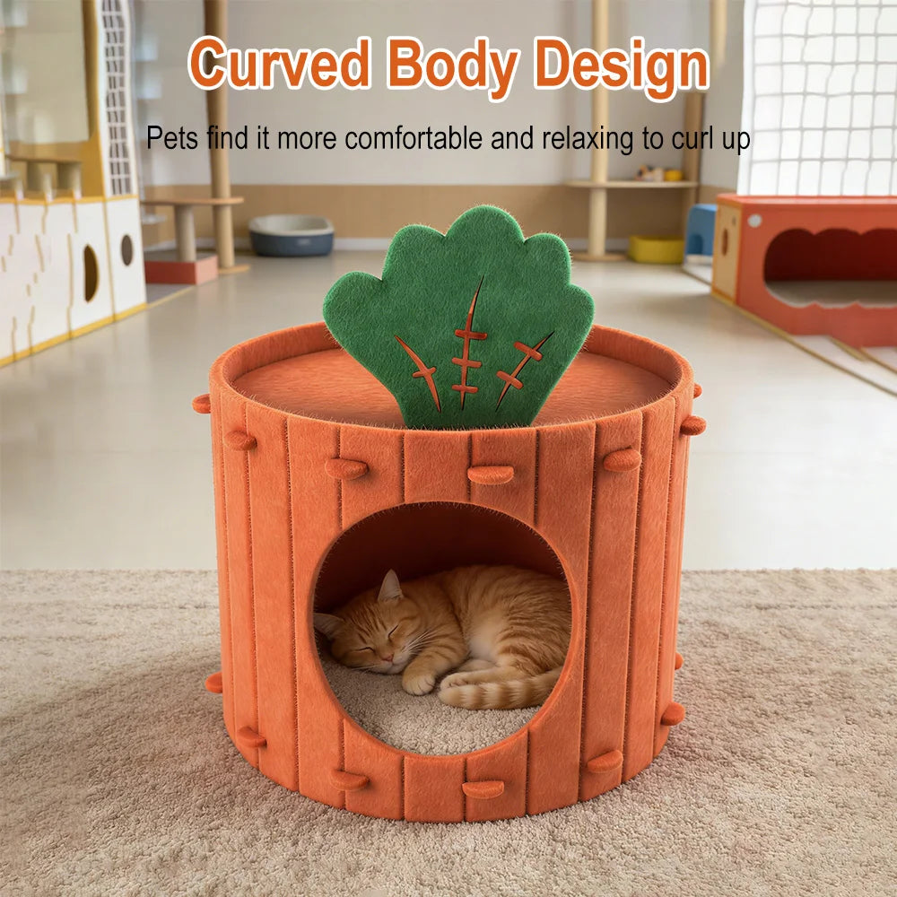 Carrot Theme Felt Cat Cave Bed – Semi-Enclosed Pet House Cat Cave Bed Qst