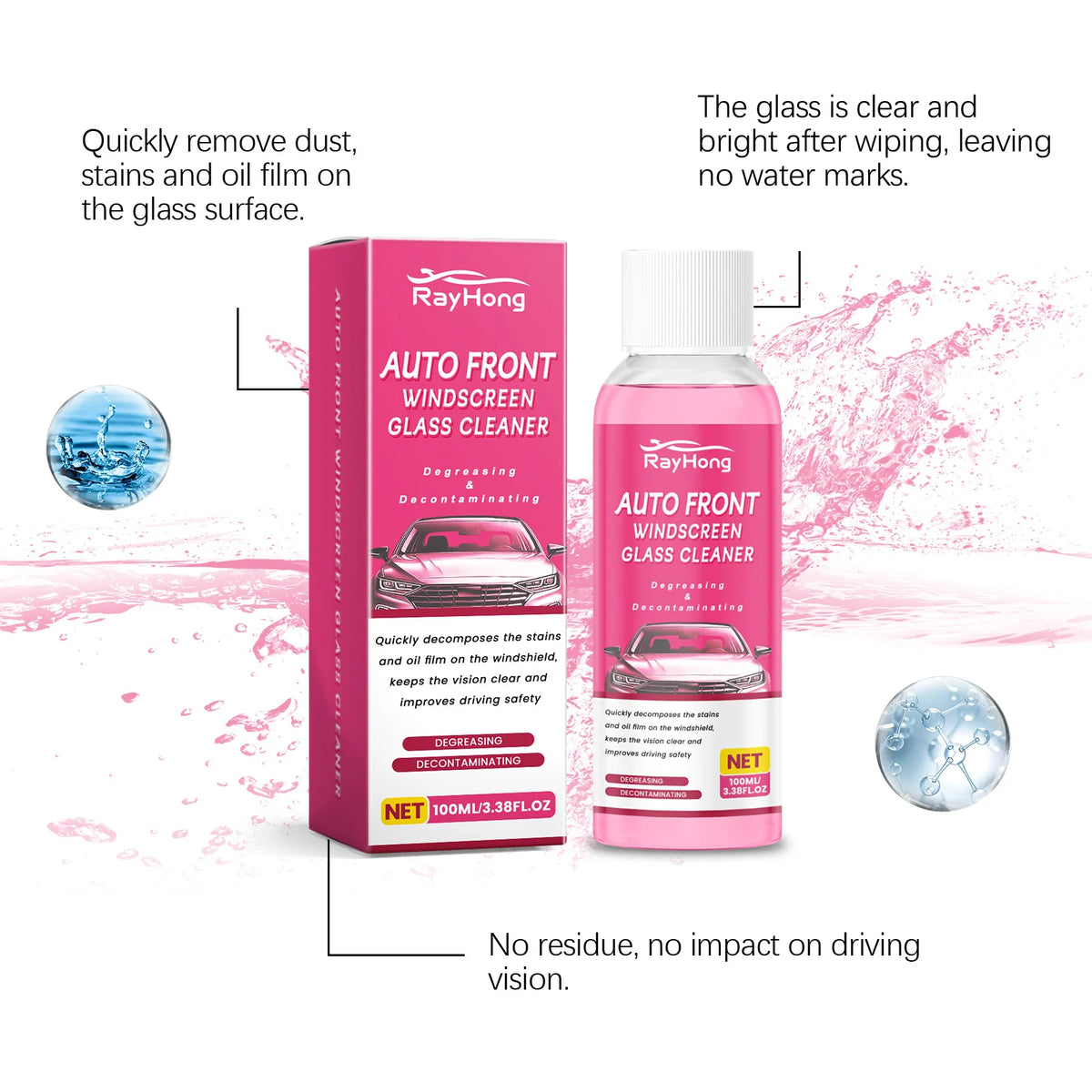 RAYHONG 100ml Car Glass Cleaner – Streak-Free Oil Film Remover Car Glass Cleaner Qst
