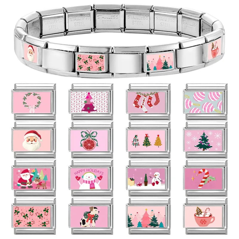 Pink Christmas Charms – Santa, Snowman, Tree, Elk & Wreath Holiday Charm Jewelry Qme