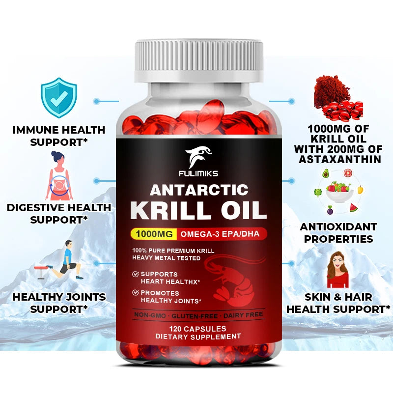 FULIMIKS Antarctic Krill Oil 1000mg Omega-3 EPA DHA Softgels Krill Oil Supplement Qst