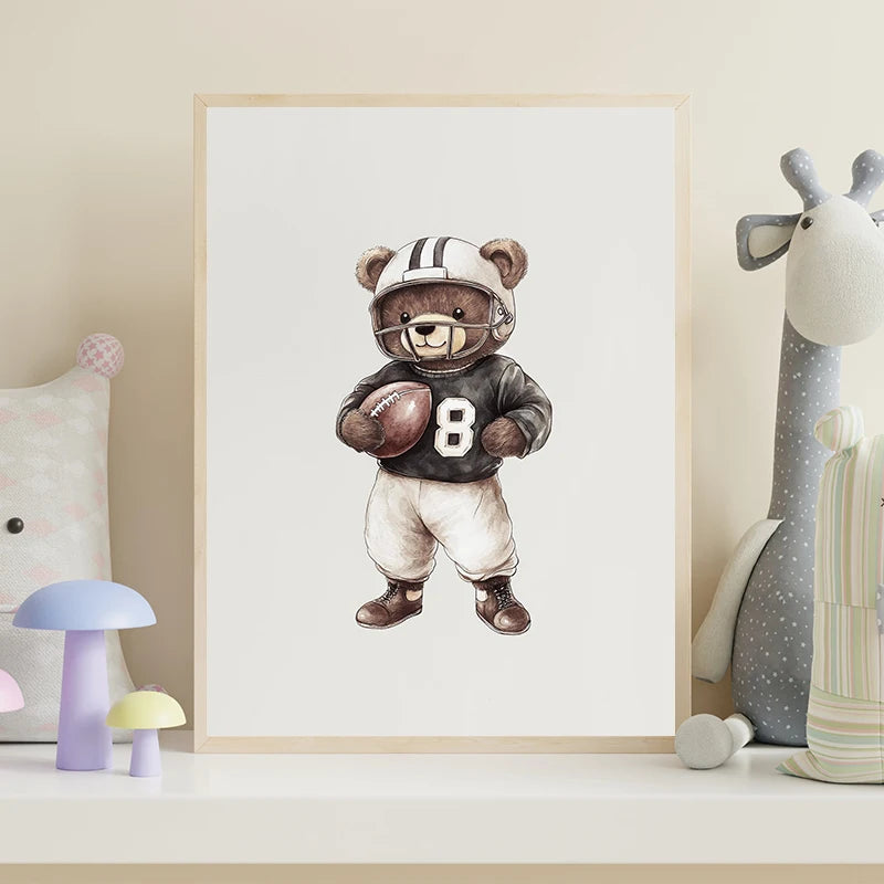 Vintage Teddy Bear Sports Watercolor Canvas Wall Art Poster Canvas Wall Art Qst