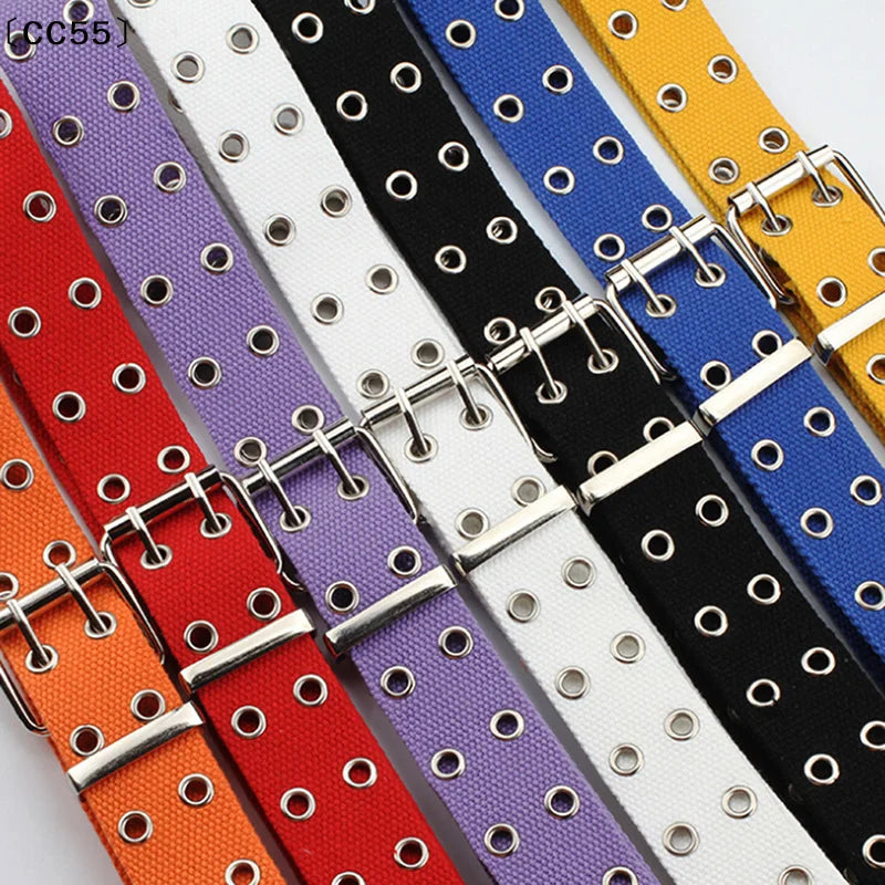 Women's Studded Grommet 2-Row Canvas Pin Buckle Belt 105cm Canvas Fashion Belt Qst
