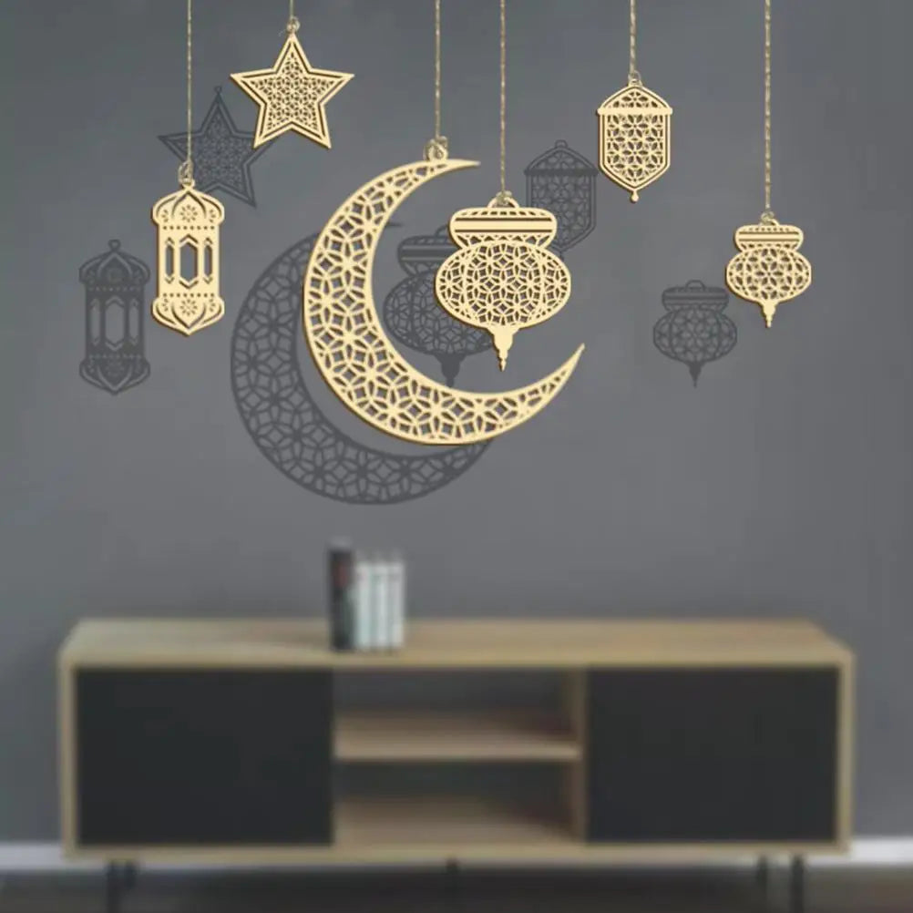 Wooden Moon Star Ramadan Eid Mubarak Hanging Ornaments DIY Hanging Ornaments Qme 6PCS