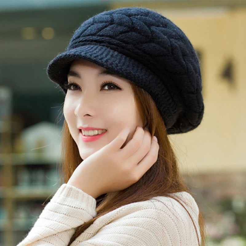 Women's Fleece-Lined Knitted Beret – Warm Winter Hat Knitted Beret Hat Qst