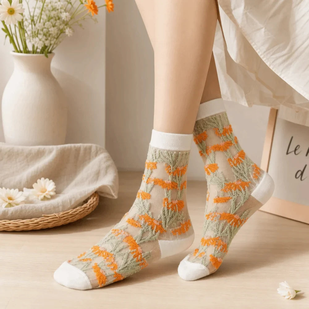 Floral Embroidery Tulle Socks – Sheer Crystal Silk Mesh Embroidery Tulle Socks Qme