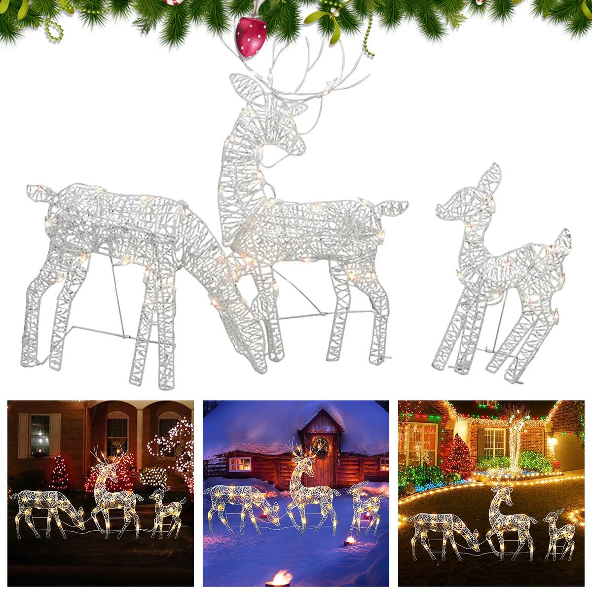 Christmas LED Reindeer Family Wicker Yard Decoration Set LED Christmas Decoration Qme White