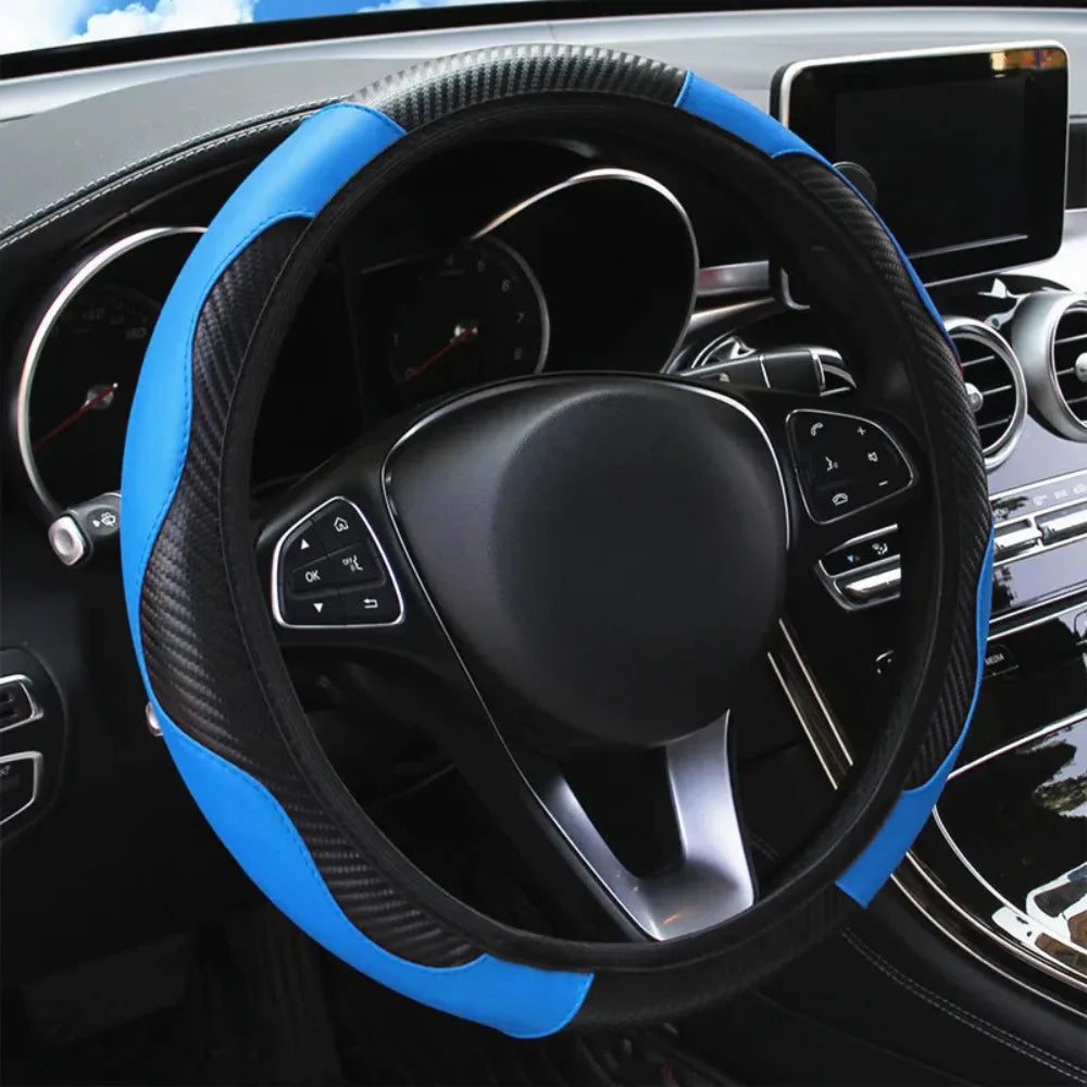 Universal Carbon Fiber Leather Steering Wheel Cover – Anti-Slip Steering Wheel Cover Qme Blue 1pc