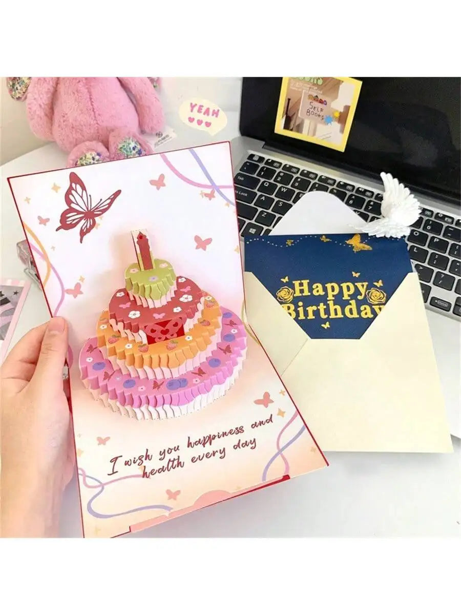 3D Pop-Up Birthday Card – Butterfly & Cake Laser Cut | Qme Pop-Up Greeting Card Qme