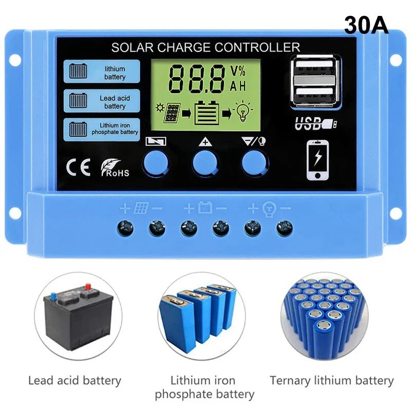 Solar Charge Controller 10A 20A 30A 12V 24V Auto LCD Display Solar Charge Controller Qme 30A