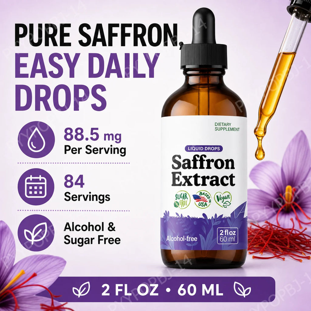 Organic Saffron Liquid Extract Drops – Vegan, Alcohol Free 60ml Herbal Liquid Supplement Qst