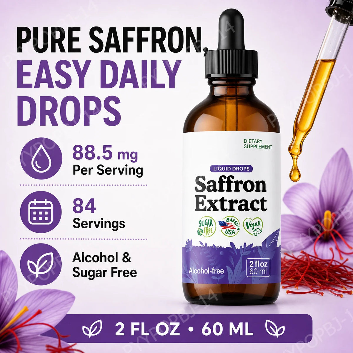 Organic Saffron Liquid Extract Drops – Vegan, Alcohol Free 60ml Herbal Liquid Supplement Qst