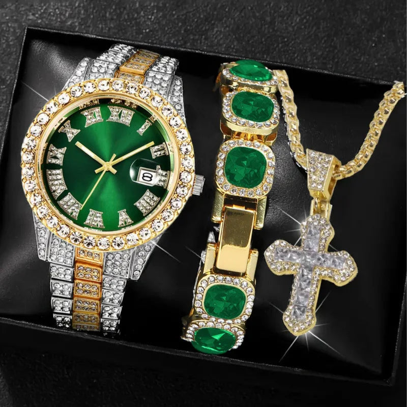 Hip-Hop Diamond Studded Quartz Watch & Bracelet Set – 18 Styles Watch & Bracelet Set Qme