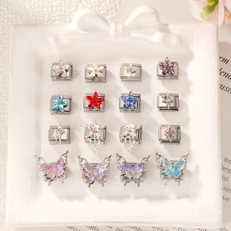 Zircon Italian Charm Links – Flower Butterfly Star Tassel, 16 Colors Italian Charm Links Qme