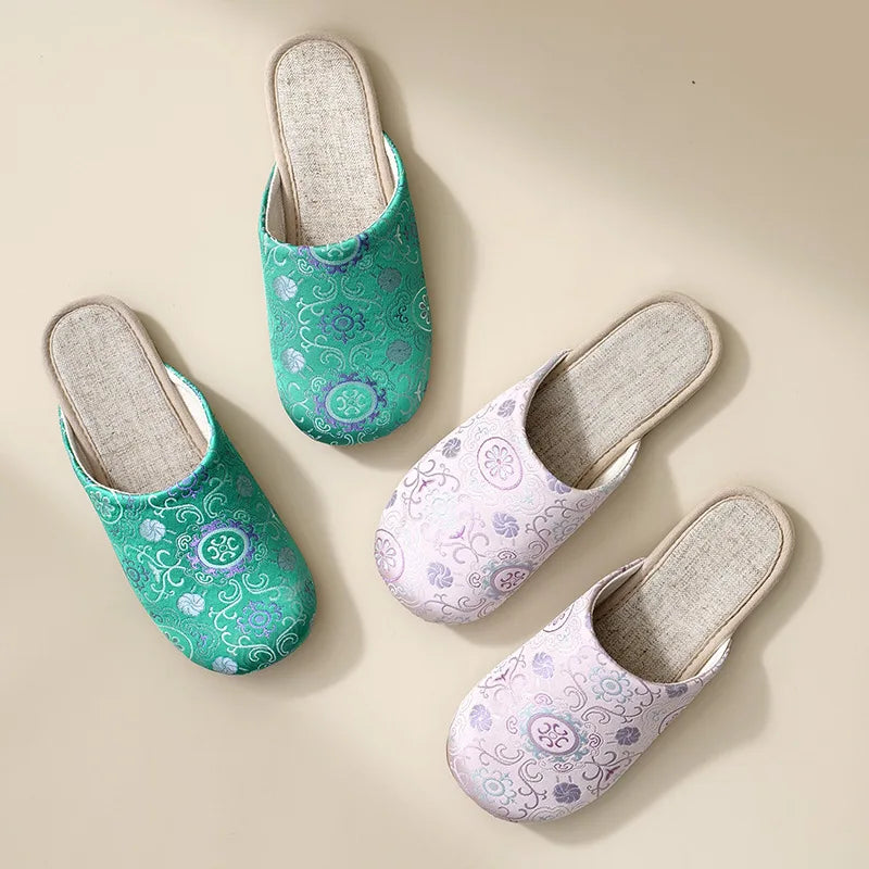 Women's Retro Floral Linen Indoor Slippers – Non-Slip Home Shoes Indoor Slippers Qst