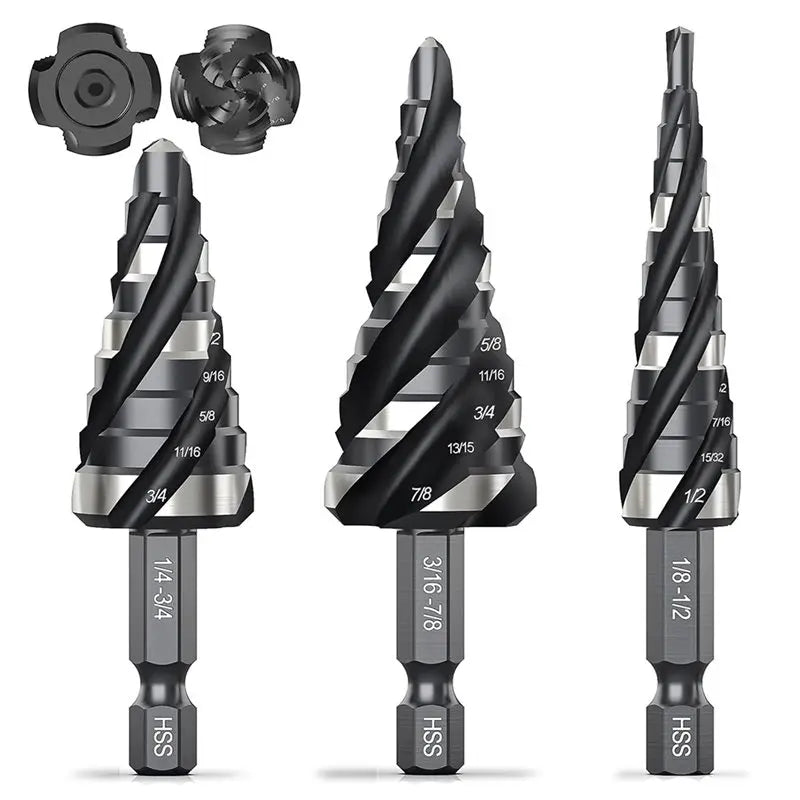 4-Piece HSS Step Drill Bit Set – Spiral Flute Unibit 1/4" Shank Step Drill Bit Set Qme