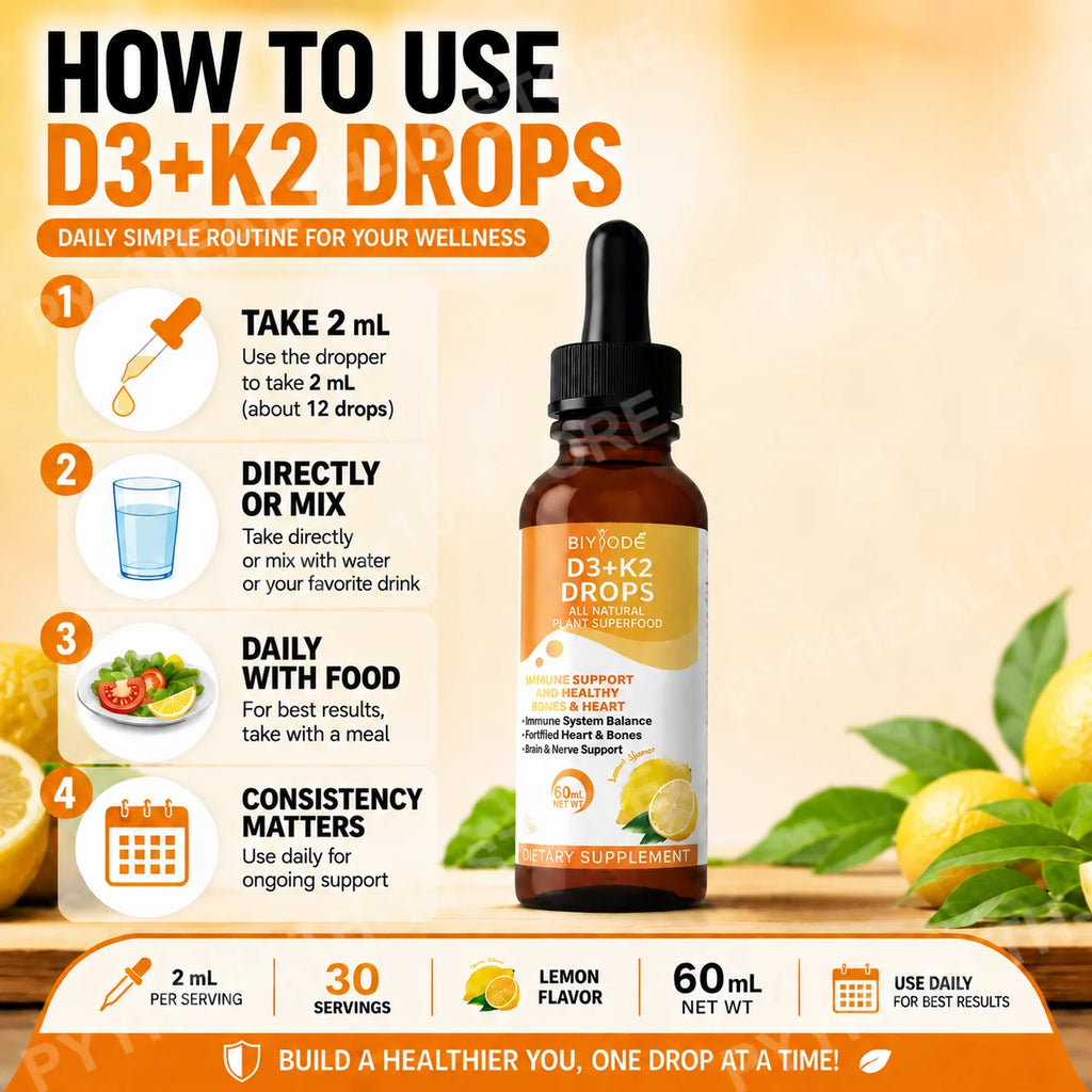 BIYODE Vitamin D3 K2 Liquid Drops 1000 IU Lemon 60ml Vitamin D3 K2 Drops Qst