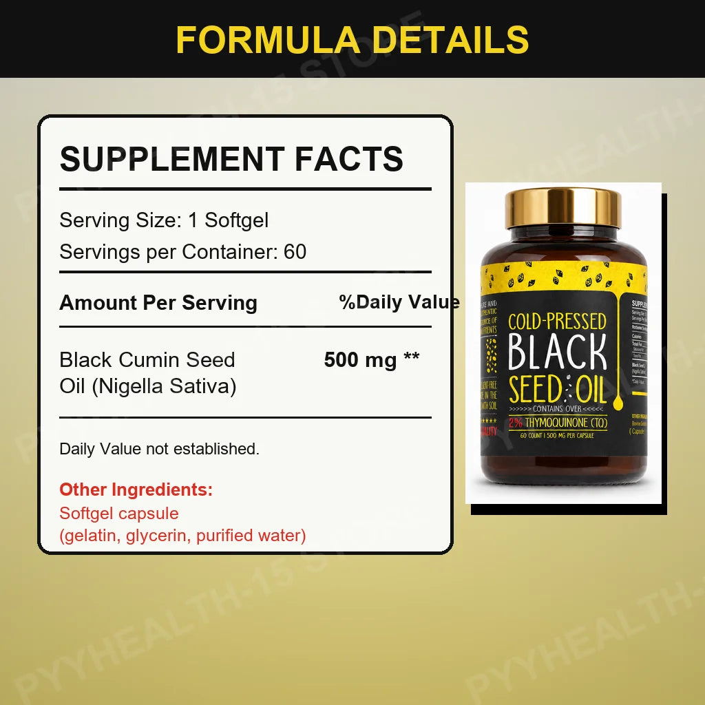 Black Cumin Seed Oil Softgels 500mg – Nigella Sativa, 60 Caps Herbal Supplement Qst