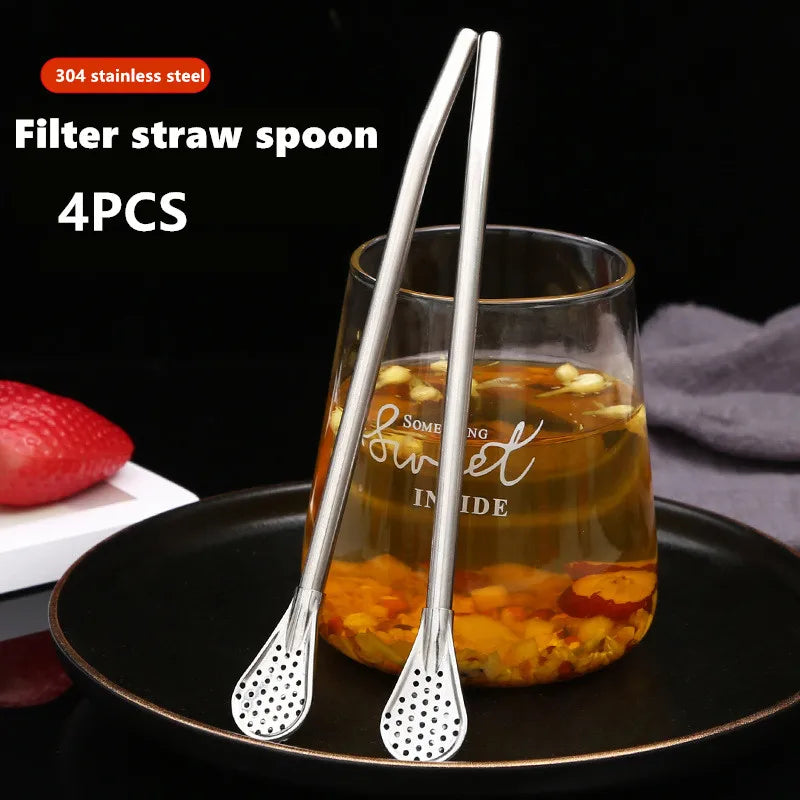 Reusable Stainless Steel Straw Spoon & Tea Filter – 3-in-1 Reusable Drinking Straw Qme