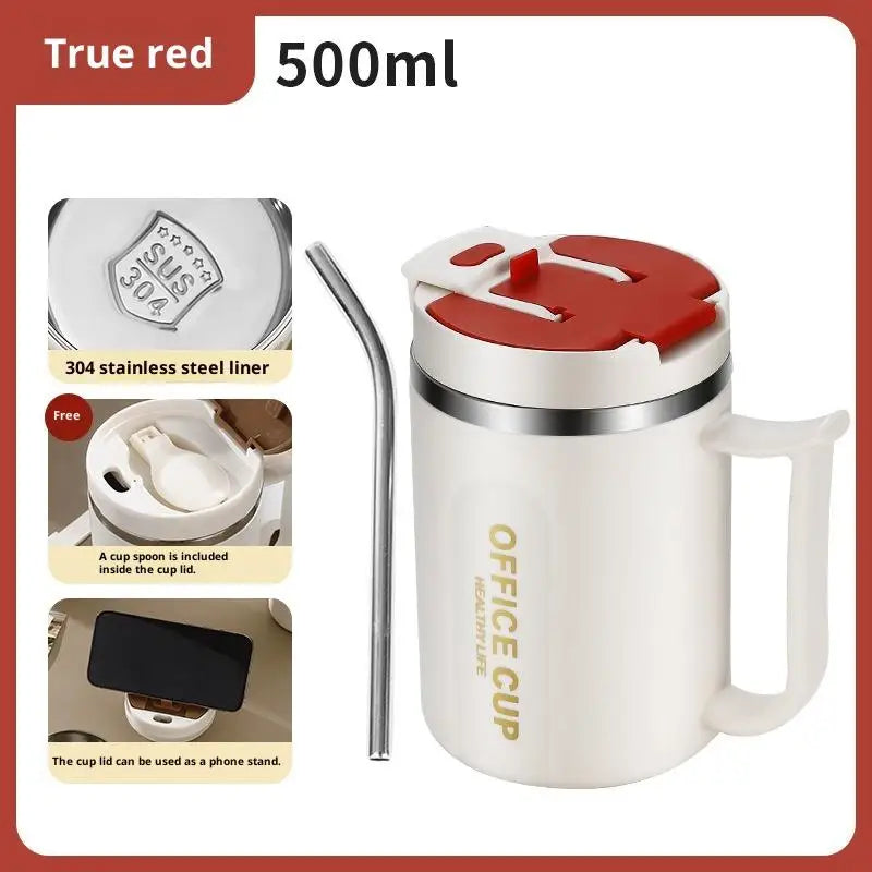 Double Wall 304 Stainless Steel Insulated Coffee Mug with Spoon Insulated Coffee Mug Qst Red And Straw 500