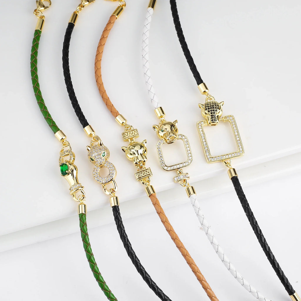 Leopard Head Zirconia Braided Leather Rope Charm Bracelet Charm Bracelet Qme