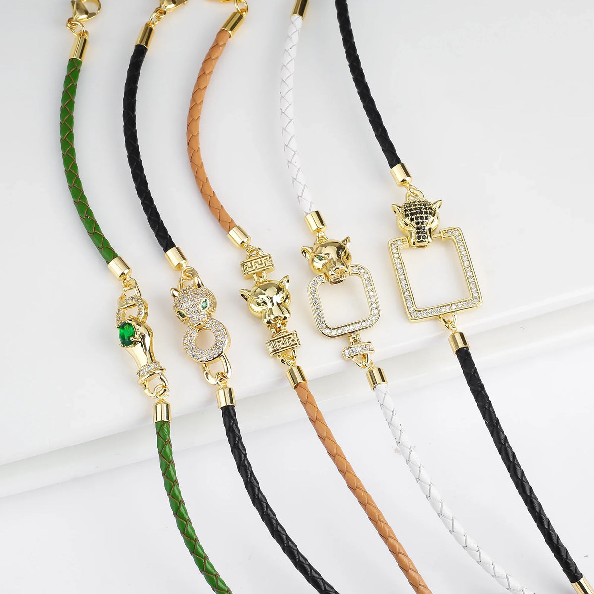 Leopard Head Zirconia Braided Leather Rope Charm Bracelet Charm Bracelet Qme