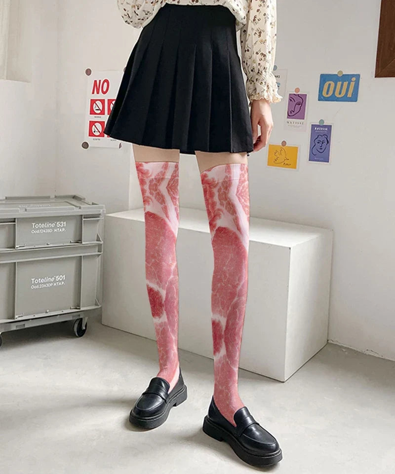 Funny Pork Belly Novelty Thigh-High Stockings | One Size Novelty Thigh-High Stockings Qme