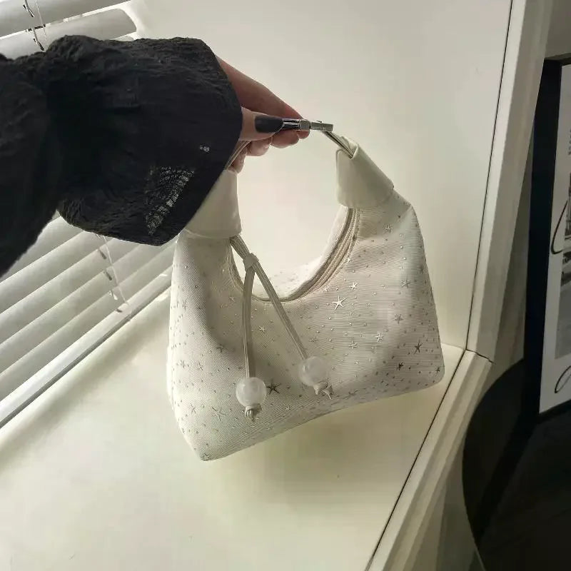 Sweet Sparkling Stars Nylon Shoulder Bag with Pearl Pendant Crossbody Shoulder Bag Qme