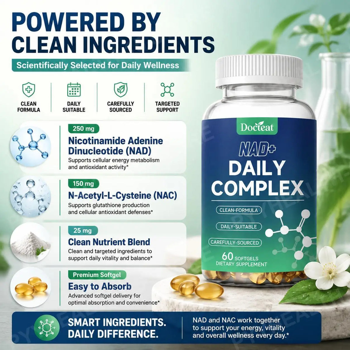 NAD+ & NAC Daily Complex 60 Softgels – Cellular Energy Boost Wellness Supplement Qst