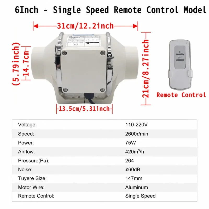ZARTSEN 4/5/6" Quiet Mixed Flow Inline Exhaust Fan 220V Remote Inline Exhaust Fan Qst 6inch 150mm 220 V 220V-240V EU Plug