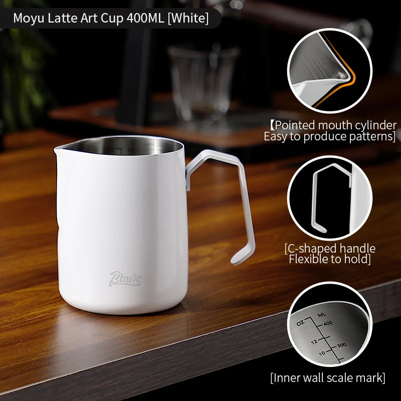 Bincoo Milk Frothing Pitcher Sharp Spout 400ml/600ml Stainless Steel Milk Frothing Pitcher Qst White 400ml
