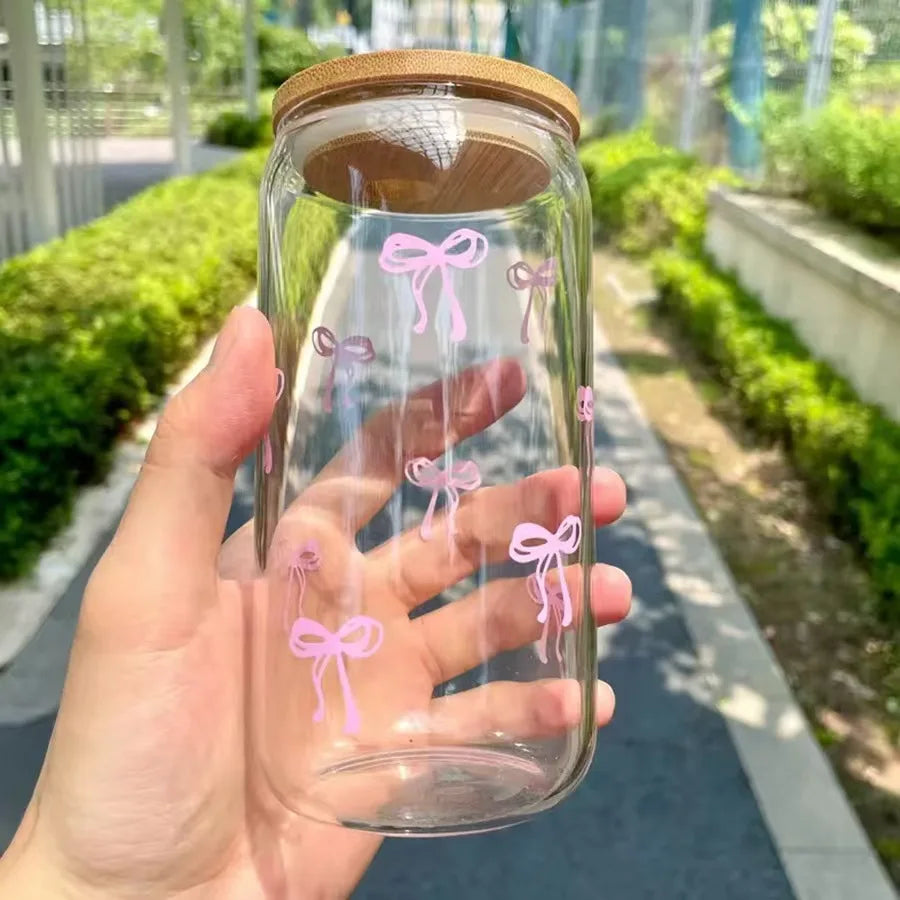 Bear Bow Glass Cup 500ml Water Bottle with Lid & Straw | Qme Glass Cup Qme