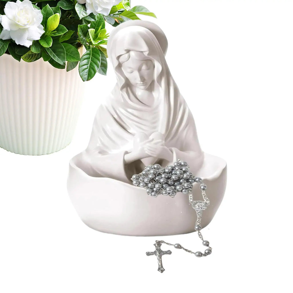 Mother Mary Statue & Rosary Holder – Holy Virgin Resin Figure Religious Figurine Qme