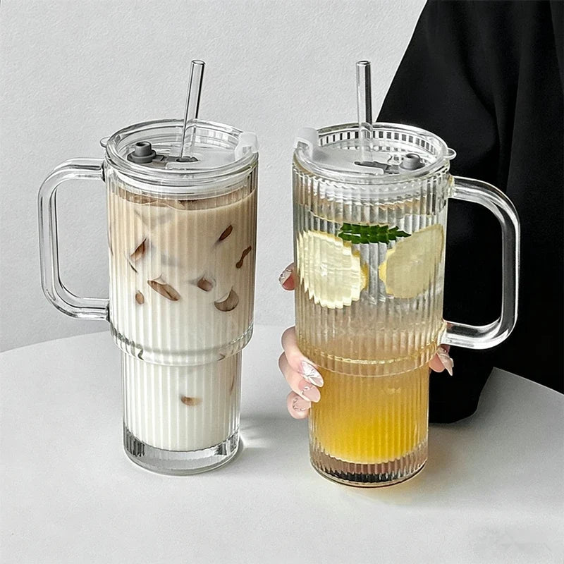 Striped Glass Cup with Handle, Lid & Straw – 600ml Glass Tumbler Set Qme