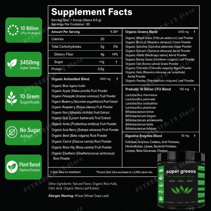 Super Greens Powder – Fruits, Veggies & Probiotics, 30 Servings Greens Supplement Powder Qst