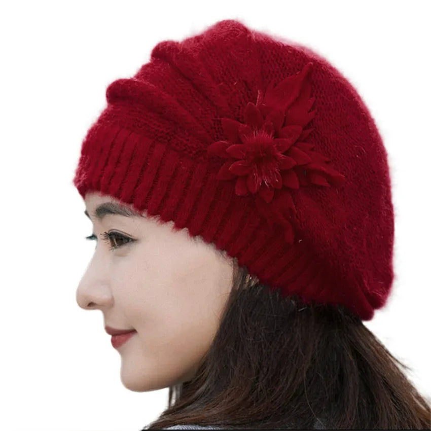 Women's Floral Knit Beanie – Warm Soft Winter Ski Hat Knit Winter Beanie Qst