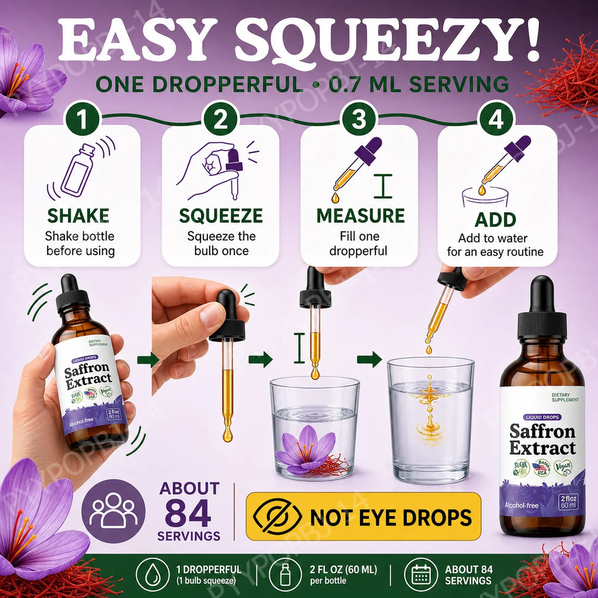 Organic Saffron Liquid Extract Drops – Vegan, Alcohol Free 60ml Herbal Liquid Supplement Qst