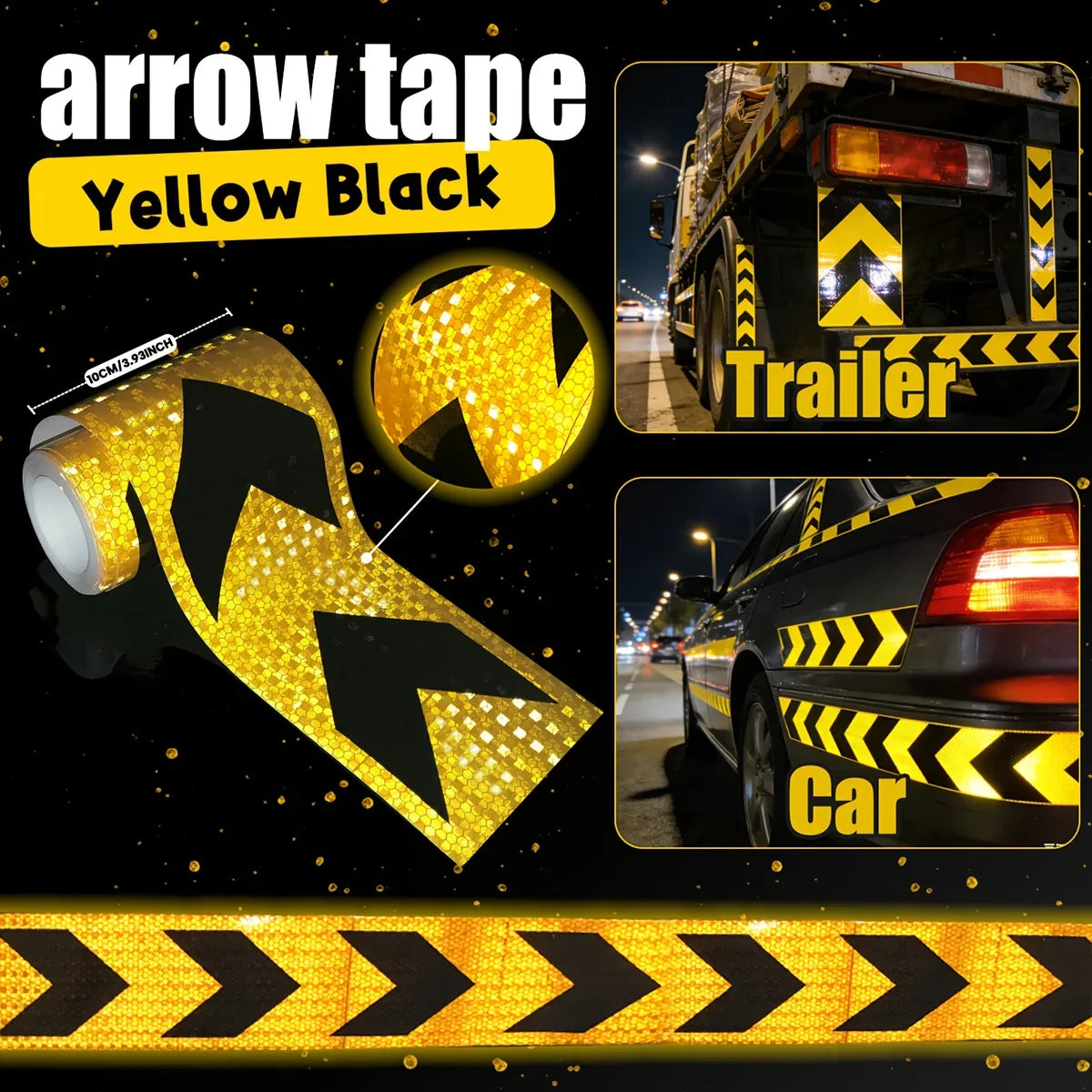 Waterproof Arrow Reflective Warning Tape Stickers | 5 Colors Reflective Safety Tape Qme Yellow Black 1m 10cm