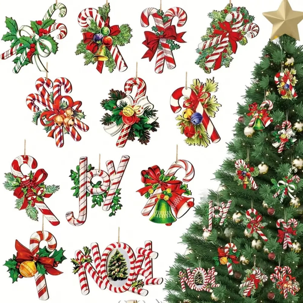 Wooden Christmas Tree Ornaments – Candy Cane, Bow & Bells Christmas Tree Ornaments Qme 12pcs